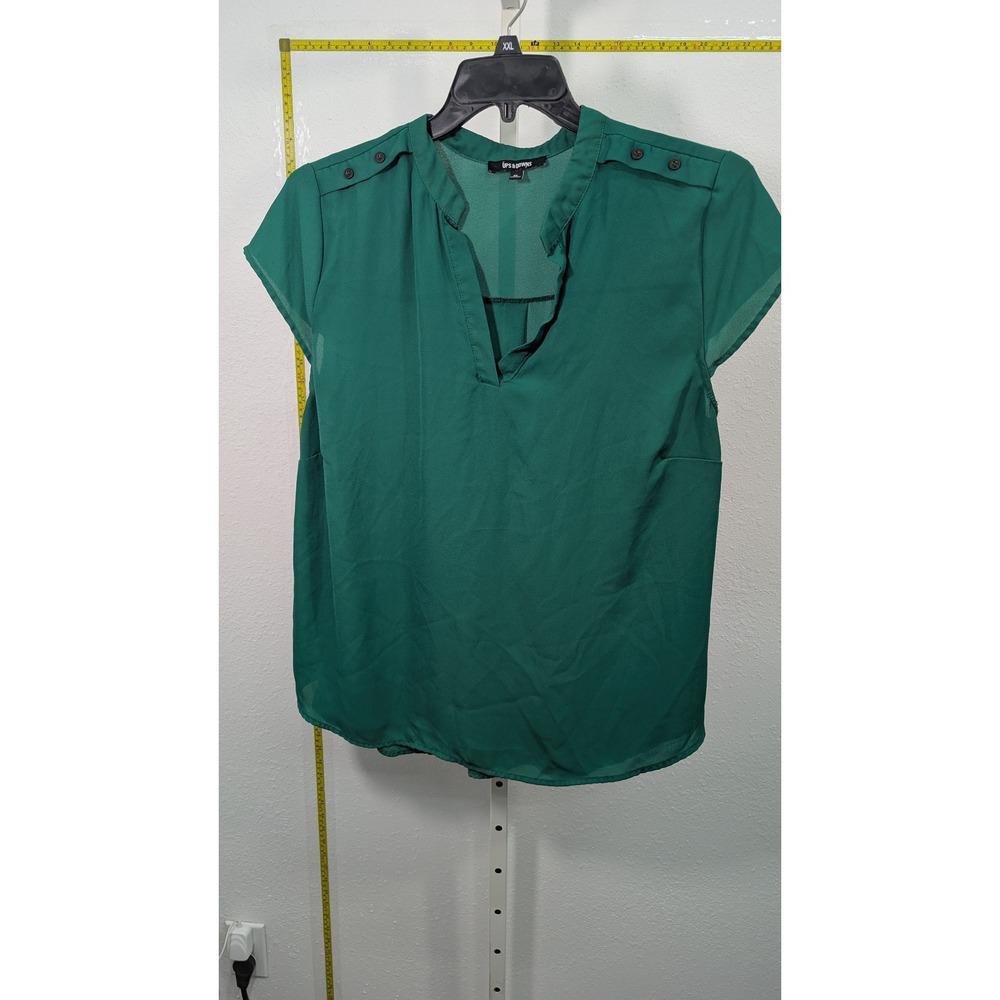 Ups &‎ Downs Dark Green Split V-Neck Cap Sleeve Blouse with Shoulder Buttons XL